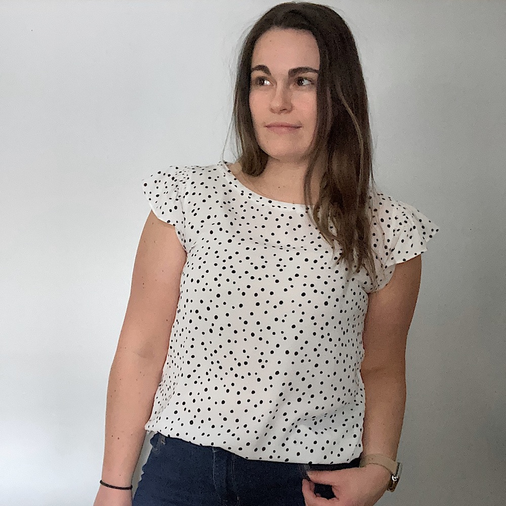 LOFT Dotted Ruffle Sleeve Mixed Media Top Size M Black and White